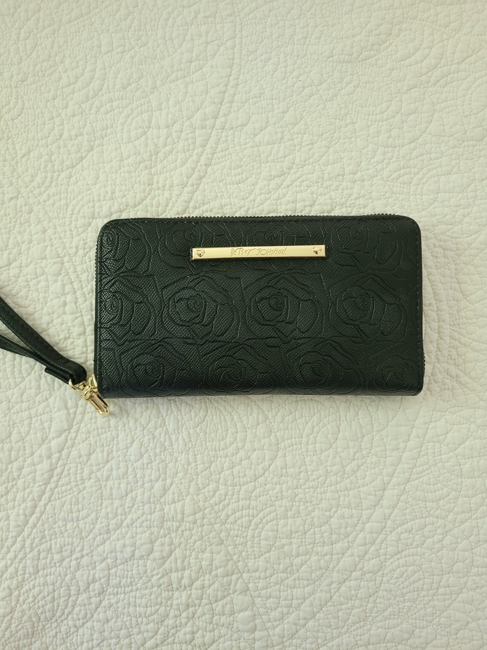 Betsey Johnson Black Embossed Rose Zip Wristlet Wallet